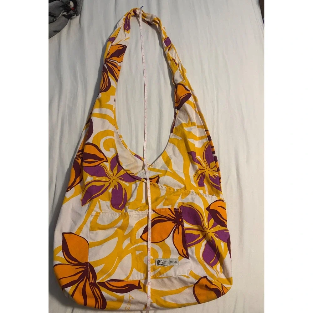 Local Design Hobo Bag Tropical Floral Yellow Orange Purple Canvas Shoulder Bag